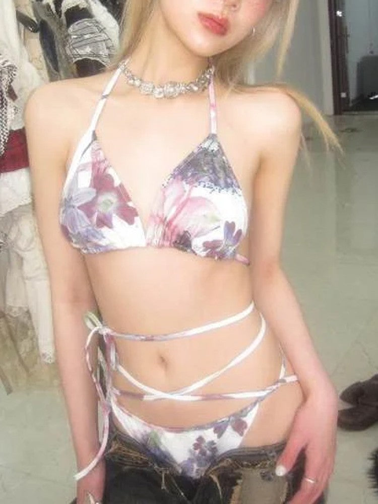 Y2k subculture retro millennium girls style hanging neck suspender bikini set summer beach kawaii classic comfortable bikini set