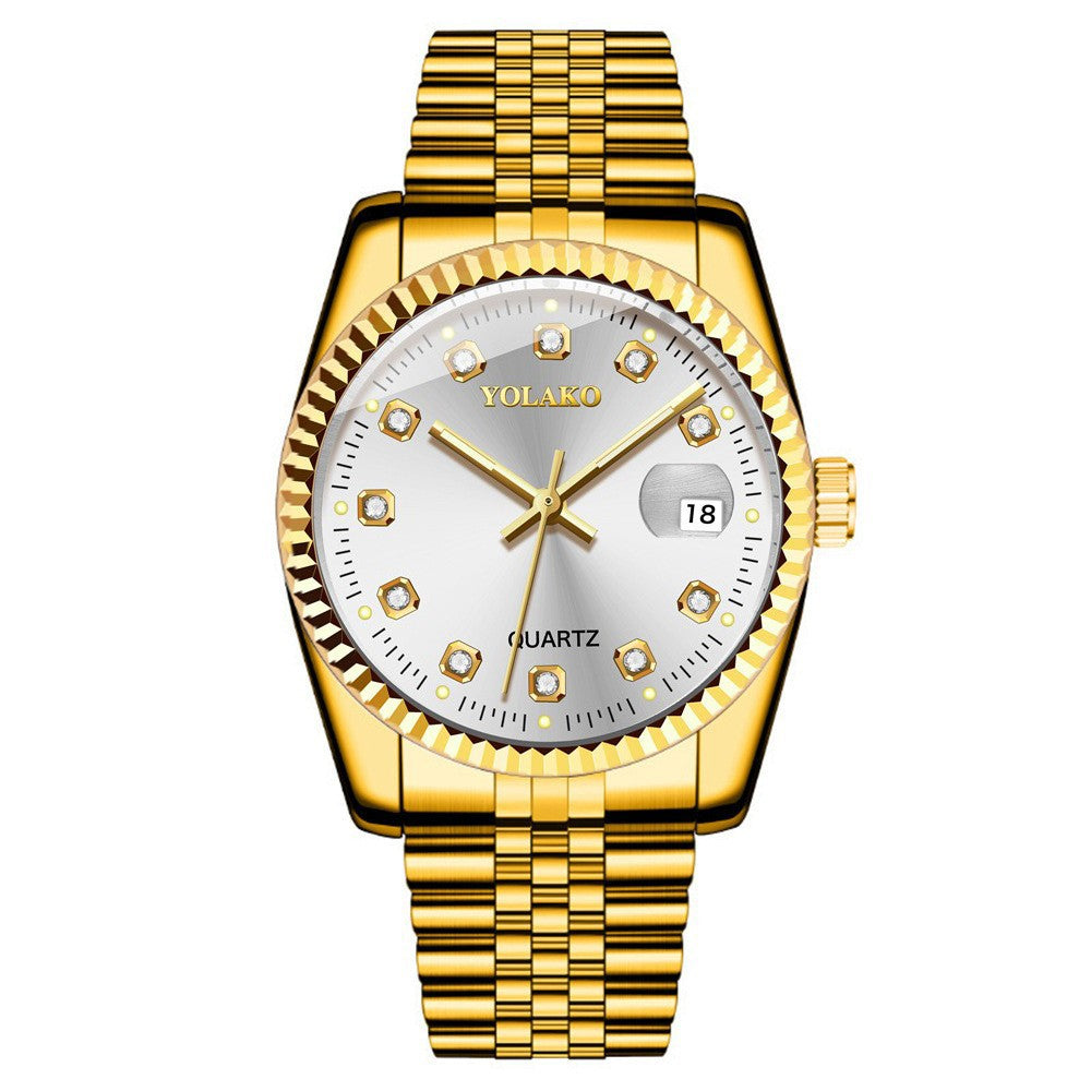 Watches for Women Simple Casual Student Fashion Quartz Diamond-Encrusted Steel Band Calendar Gold Set Men's Watch Couple