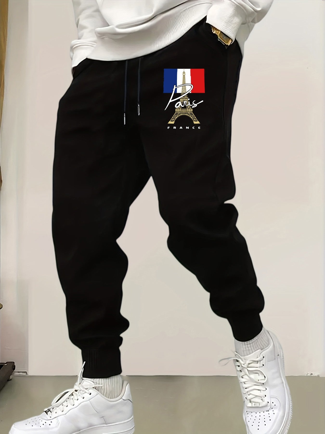 Calça de Moletom Masculina Estampada Torre Eiffel Paris França Bolso Y2K Cintura Elástica Calça Versátil Outono Moda Casual