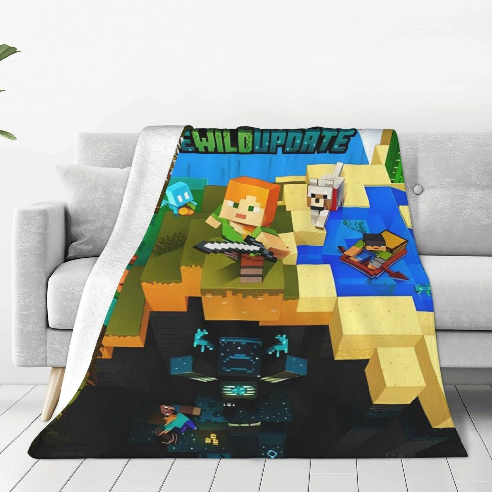 Cartoon Mines Pixel Game Crafts Flannel Blanket Super Warm Throw Blanket for Home Decor Decorative Street Trend Bedspread
