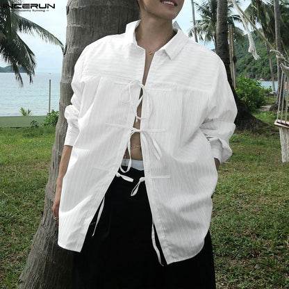 INCERUN Men Striped Shirt Lapel Long Sleeve Lace Up Hollow Out Men Clothing Oversize Korean Style Streetwear Casual Shirts Men