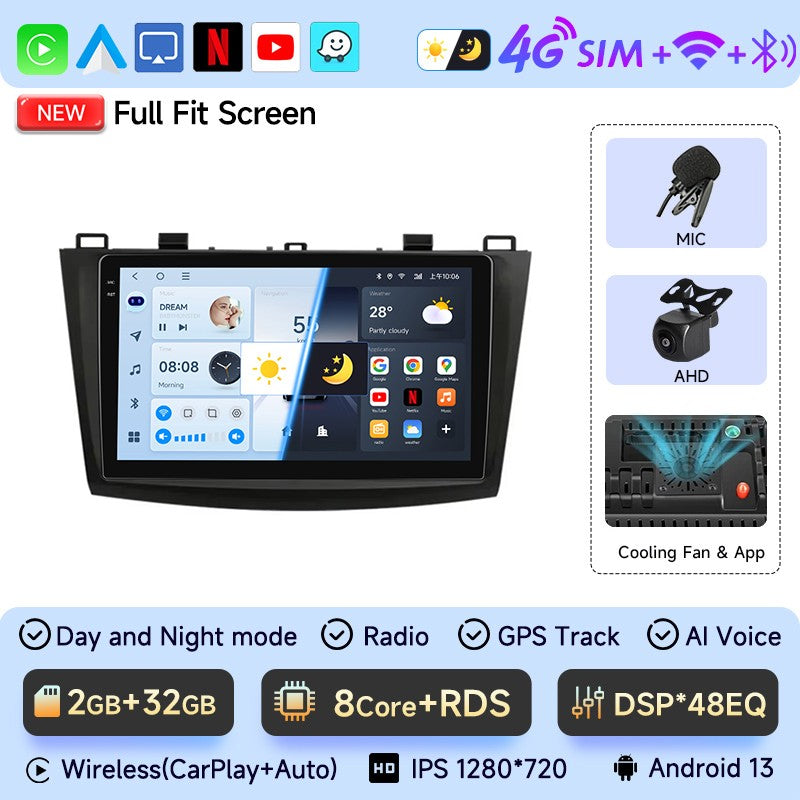 JIUYIN Rádio automotivo 2 Din para Mazda 3 2009 2010 2011 2012 2013 Android 13 Multimedia Player 4G GPS Navegação Carplay DVD Unidade Central