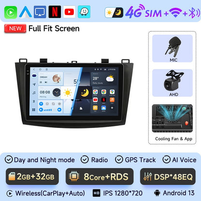 JIUYIN Rádio automotivo 2 Din para Mazda 3 2009 2010 2011 2012 2013 Android 13 Multimedia Player 4G GPS Navegação Carplay DVD Unidade Central