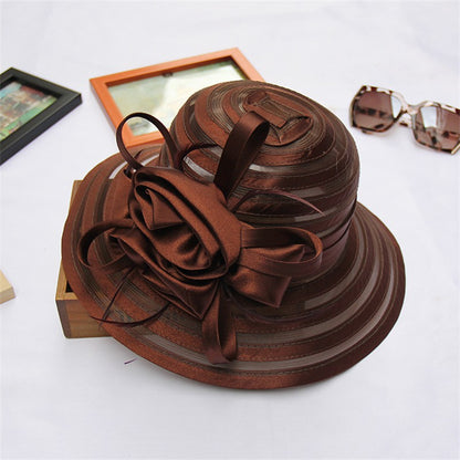 Chapéus de Sol de Organza Femininos Elegantes Chapéu Bucket para Mulheres Chapéu de Festa de Casamento na Igreja Chapéu Fedora Floral Grande de Aba Larga da Moda de Verão