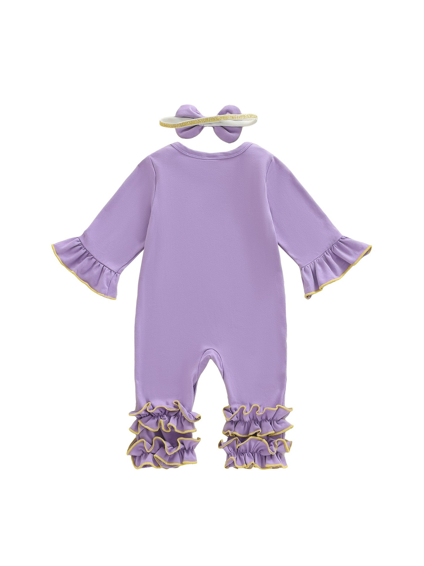Suefunskry Baby Girl Mardi Gras Themed Romper Letter Crown Embroidery Long Sleeve Round Neck Jumpsuit with Bow Headband