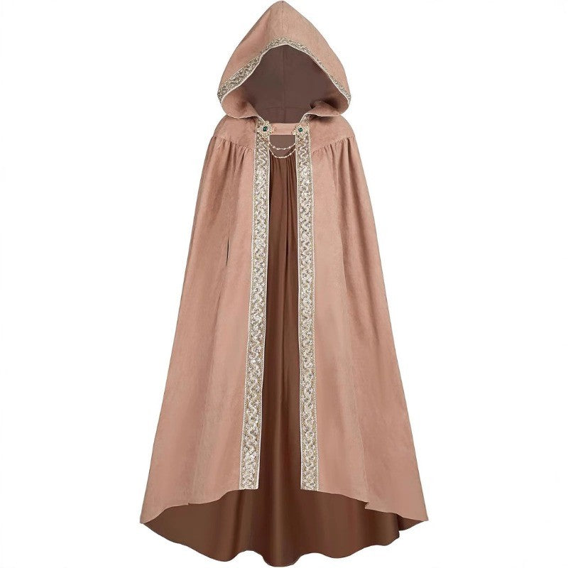 Medieval Lace Trim Hooded Cape 130cm Long Renaissance Wizard Witch Cloak Women Men Halloween Cosplay Costume