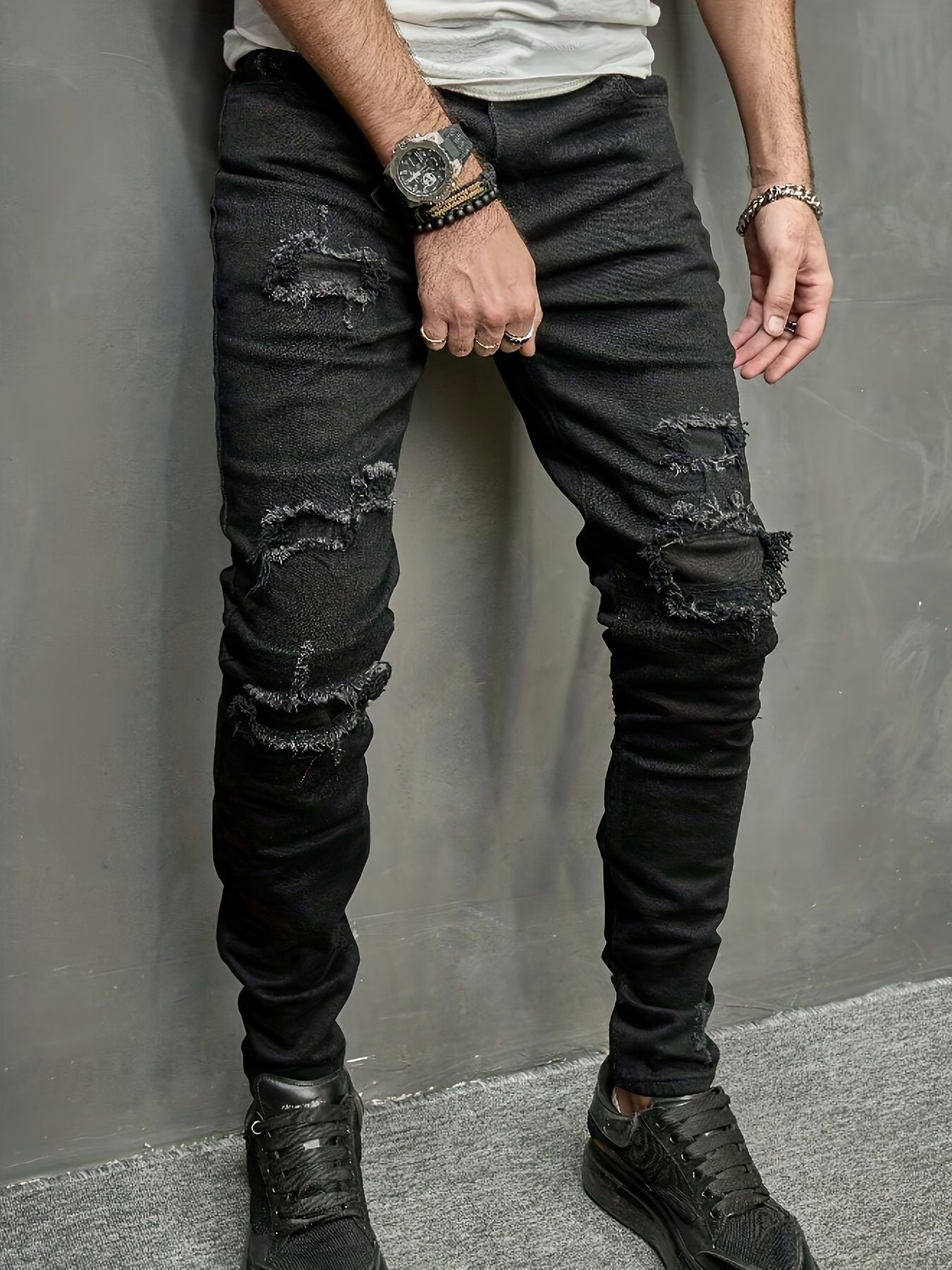 Men's slim fit jeans with torn holes, fabric patch, small feet, tight fitting denim pants