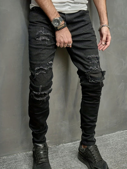 Men's slim fit jeans with torn holes, fabric patch, small feet, tight fitting denim pants