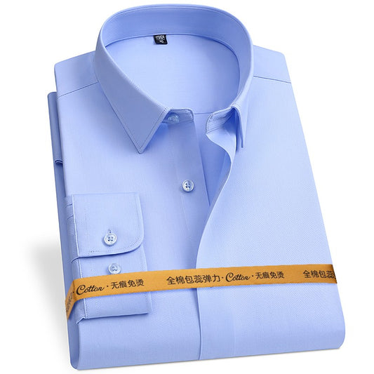 8XL Anti-Wrinkle 80% Cotton 15% Elastic Silk 5% Spandex No-Iron Business Office Soft Cozy Micro Elastic Long-sleeved Shirts Men