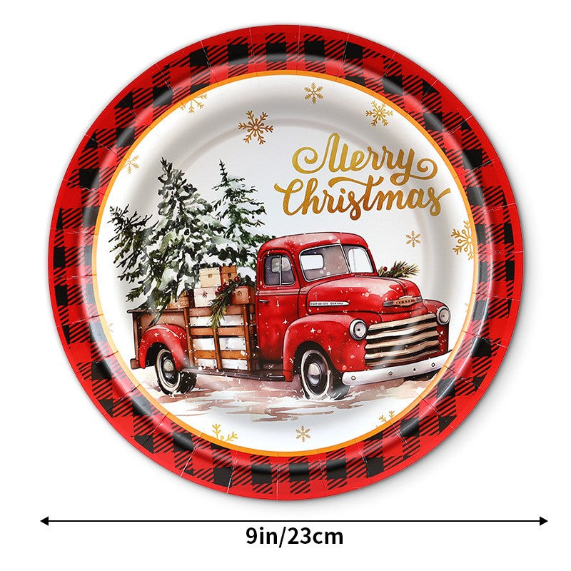 Christmas Theme Party Tableware Red Plaid Christmas Car Disposable Tableware Set Paper Plate Party Decoration Supplies