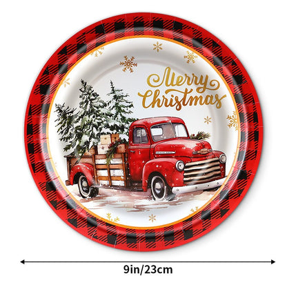 Christmas Theme Party Tableware Red Plaid Christmas Car Disposable Tableware Set Paper Plate Party Decoration Supplies