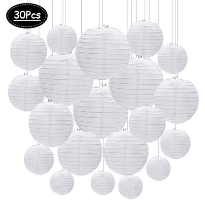30Pcs/set White Paper Lanterns Chinese Hanging Round Lantern Lamp for Wedding Anniversary Birthday Party Decoration Christmas