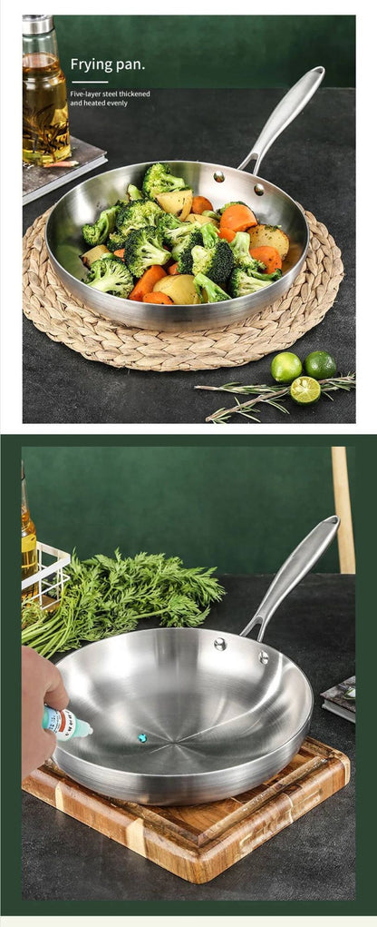 Panela de Fritar Aço Inoxidável 304, Antiaderente para Bife, Panela de Cozinha sem Revestimento para Fogão a Gás e Cooktop de Indução