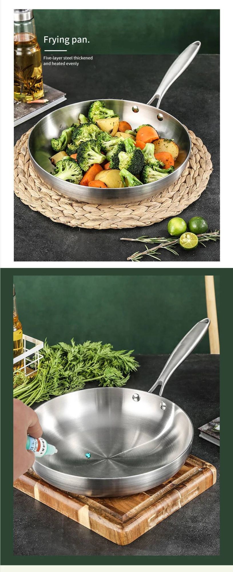 Panela de Fritar Aço Inoxidável 304, Antiaderente para Bife, Panela de Cozinha sem Revestimento para Fogão a Gás e Cooktop de Indução