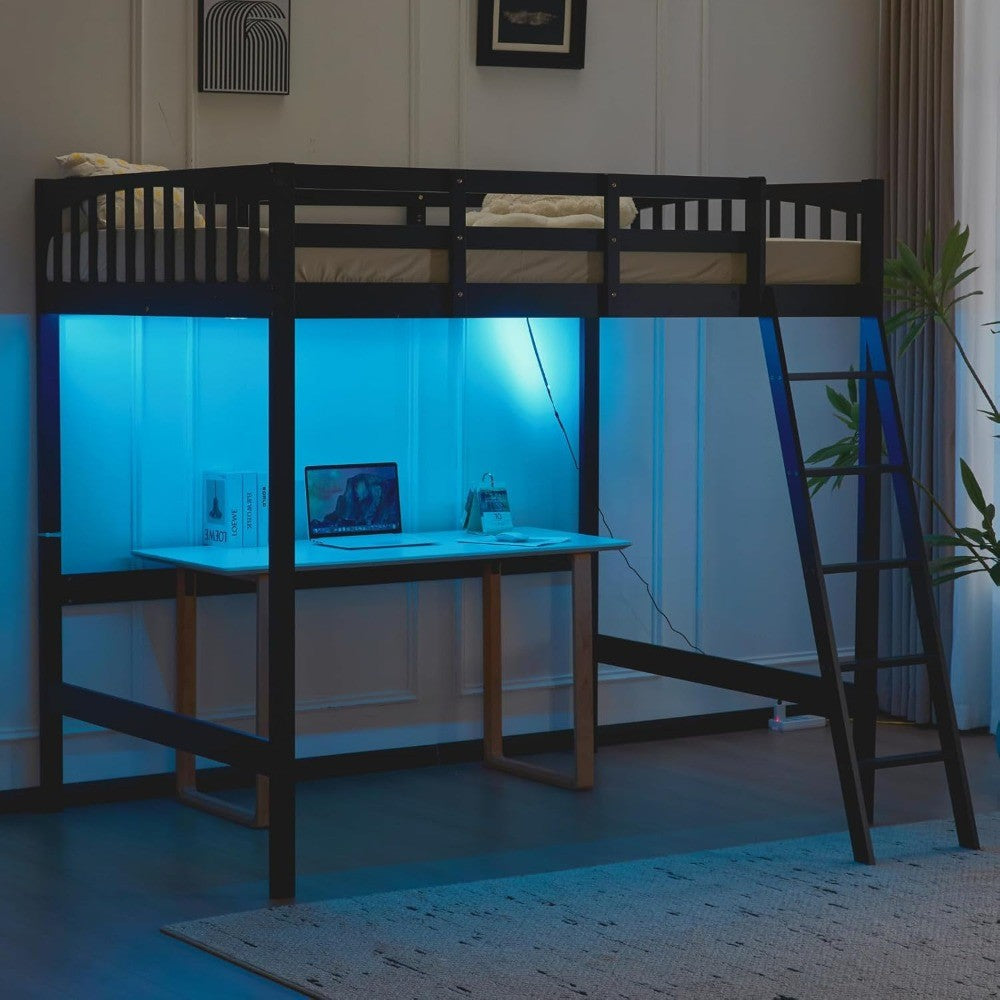 Loft Bed Full Size with USB Charging Station/LED, Solid Wood Double Loft Bunk Bed with Flat Rungs for Kids/Teens/Adults, 15 inc