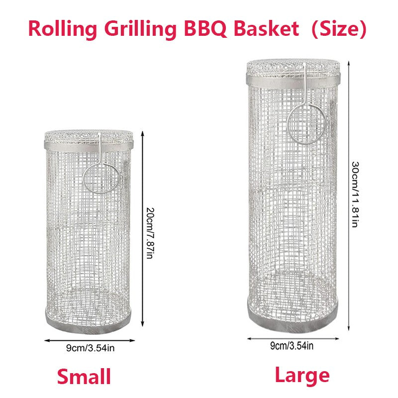 Rolling Bbq Basket- Greatest Grilling Basket Ever, Round Stainless Steel Grill Mesh, Camping Barbecue Rack For Vegetables,Fish