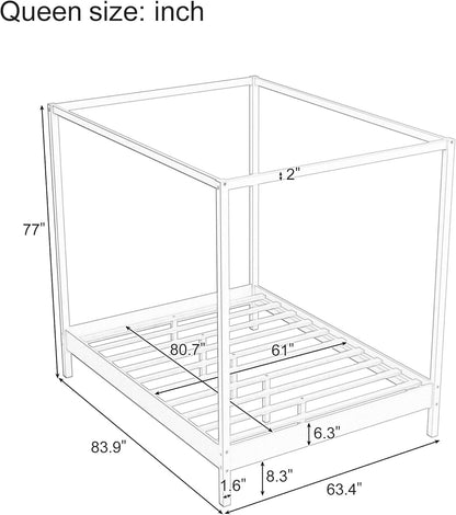 Estrutura de Cama Queen Size com Dossel, Cama Plataforma com Quatro Colunas e Suporte de Ripas, Madeira Maciça de Pinus e Engenheirada, Sem Necessidade de Box Spring N