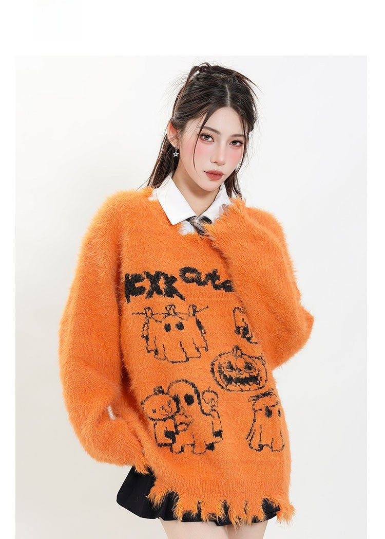 KKyesiou Dopane Orange Knitted Sweater loween Design Men Women Retro American Sle Couple's Long Sve Casual Loose Fit