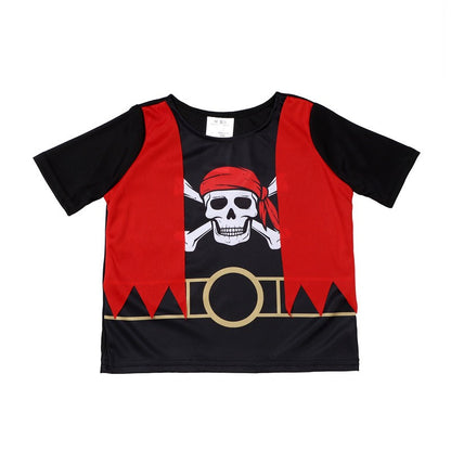 Kids Pirate Halloween Costume Striped Captain Outfit with Skull Print Eye Mask for Boys Party Performance Caribbean Theme