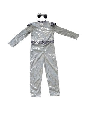 Silver alien style jumpsuit costume with eye headwear for party and role play