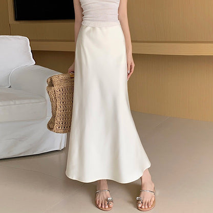 Women Satin Fishtail Skirts Fashion Streetwear Female Elastic High Waist Skirts Solid Color Summer Ladies Slim Silk A-line Skirt