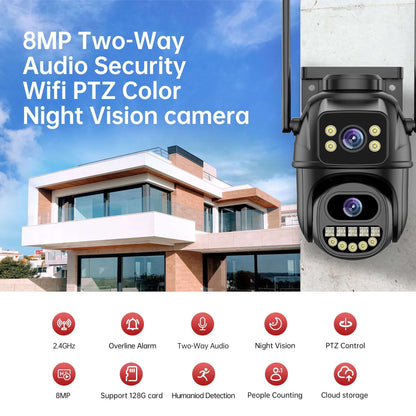 Câmera de vigilância WiFi 4K 8MP, detecção humana por IA, lente dupla, zoom digital 4X, câmeras IP PTZ de segurança externa