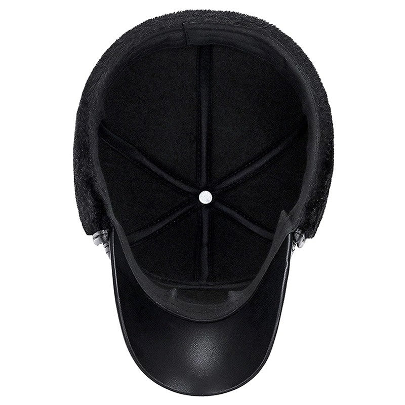 Boné de Inverno Quente Masculino de Couro Preto e Pele, Bonés de Beisebol para Homens e Mulheres, Quepe, Bonés Pai, Protetores de Orelha, Espesso