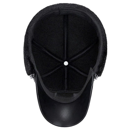 Boné de Inverno Quente Masculino de Couro Preto e Pele, Bonés de Beisebol para Homens e Mulheres, Quepe, Bonés Pai, Protetores de Orelha, Espesso