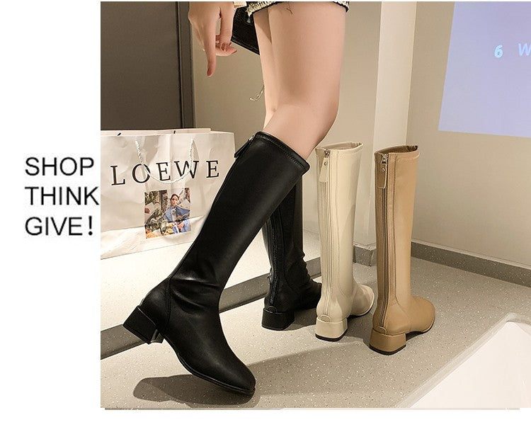 Women Black High Heel Long Boots Fashion Spring Autumn Warm Knee High Boots Soft Leather Thigh High Boots Shoes Zipper