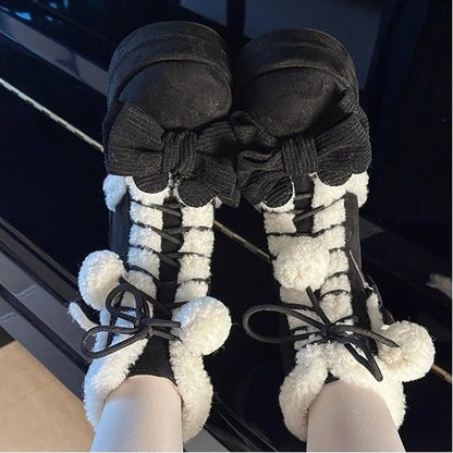 Sweet Winter Girls Lolita Mid-Calf Snow Boots,Cute Female Students Plush Warm Bowknots Lace Up Wedge Heel Heightening Shoes