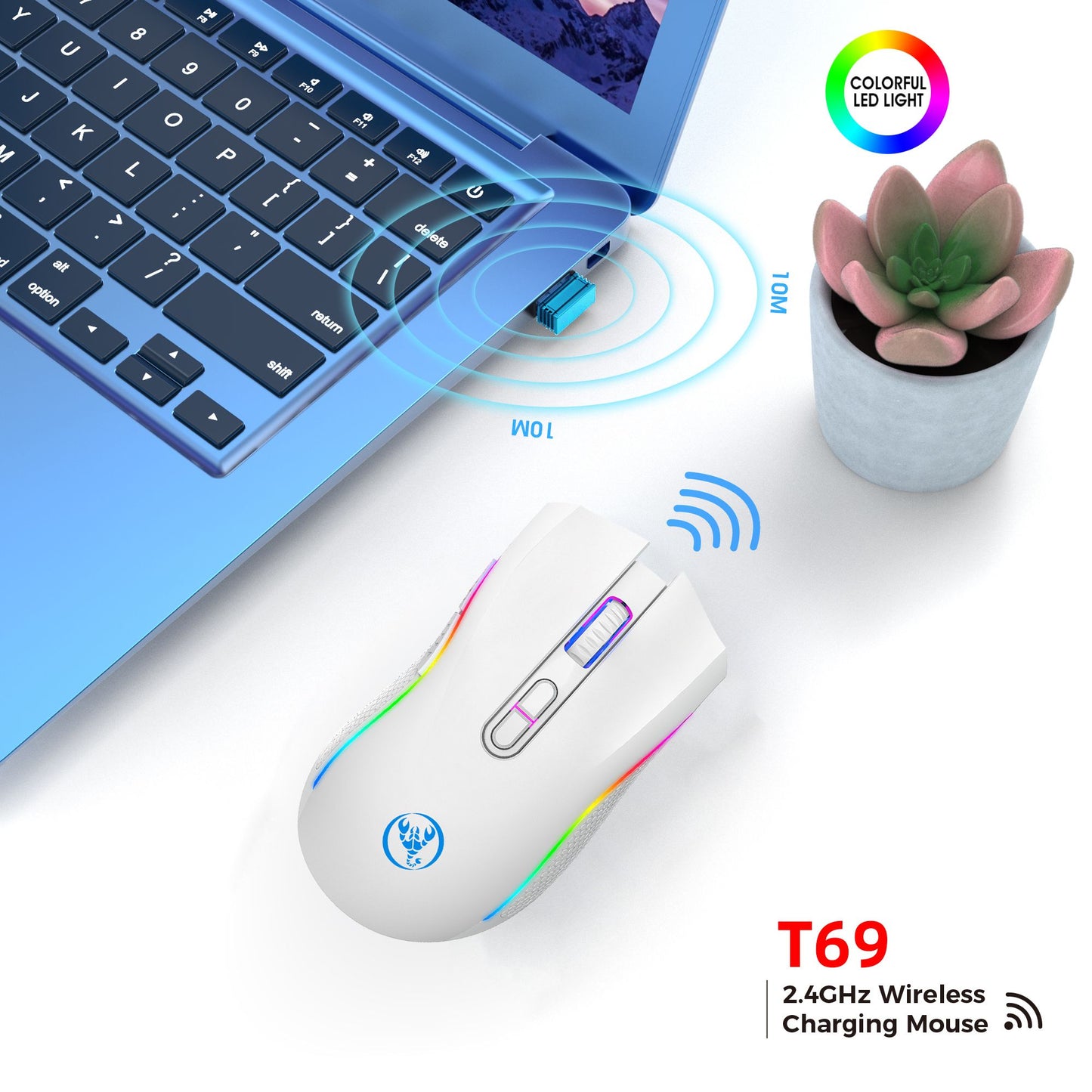 Mouse Gamer Sem Fio Recarregável 2.4G RGB Ergonômico Retroiluminado para PC Notebook