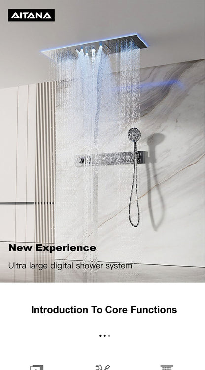 AITANA Sistema de Chuveiro Termostático de Luxo com Display LED em Latão Escurecido, Banheiro, Teto Embutido, Cortina Gigante de Chuva