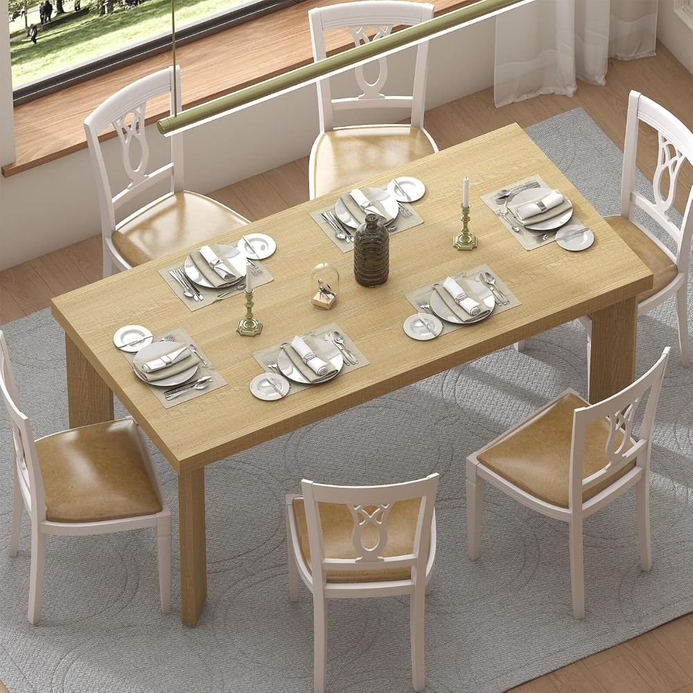 63 Inch Dining Table for 6, Indoor Outdoor Dining Table with Wood Legs, Kitchen Table with Large Tabletop, Rectangula