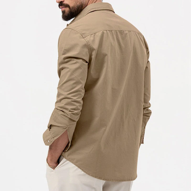 Safari Cotton Shirts Mens Outdoor Work Travel Button Down Tops Casual Long Sleeve Hiking Camping Utility Shirt With Flap Pocket