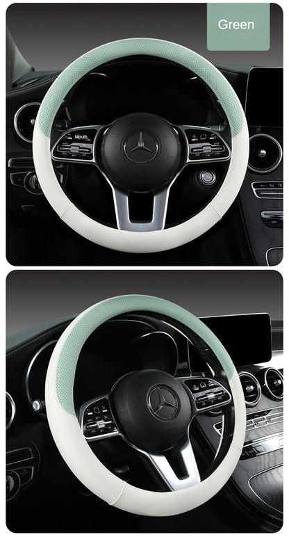 Perforated Nappa Leather Car Steering Wheel Cover Warm in Winter and Cool in Summer, Universal 15 Inch,  Anti-Slip, Odorless