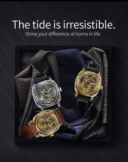 LONGLUX automatic watch retro style wholesale mechanical wristwatches skeleton carve waterproof leather no logo mens watch