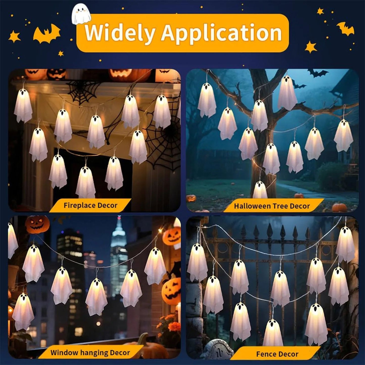 10Pcs LED Spooky Hanging Ghosts Decor, Halloween Ghost String Lights, Battery Operated Light Up Glow Garland for Indoor Outdoor