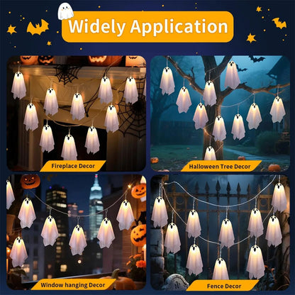 10Pcs LED Spooky Hanging Ghosts Decor, Halloween Ghost String Lights, Battery Operated Light Up Glow Garland for Indoor Outdoor