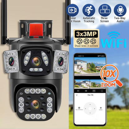 9MP 8K WiFi Camera Outdoor 10X Zoom Three Lens Dual Screen PTZ Waterproof Surveillance Security Video Street Camera