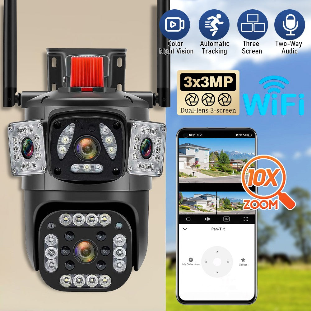 9MP 8K WiFi Camera Outdoor 10X Zoom Three Lens Dual Screen PTZ Waterproof Surveillance Security Video Street Camera