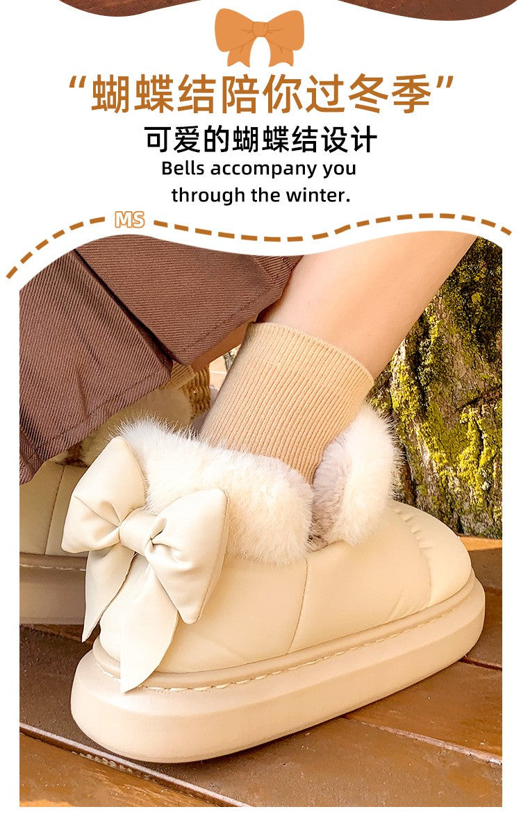 Cute Warm Ankle Boots Winter Women's Bow Warmth Plush Bow Cotton Shoes 2025 New Waterproof Down Cloth Short Barrel Snow Boots