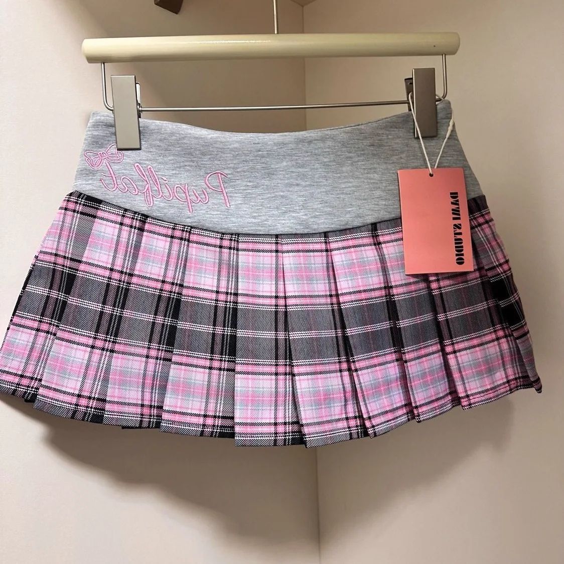 American Retro Spicy Girl Plaid Half Skirt Women Summer New Embroidery Patchwork Fashion High Waist Pleated Short Skirt