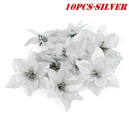 10Pcs Large Sequins Christmas Flower Glitter Poinsettia 5.5inch Artificial Flowers Christmas Tree Ornaments Home Decorations
