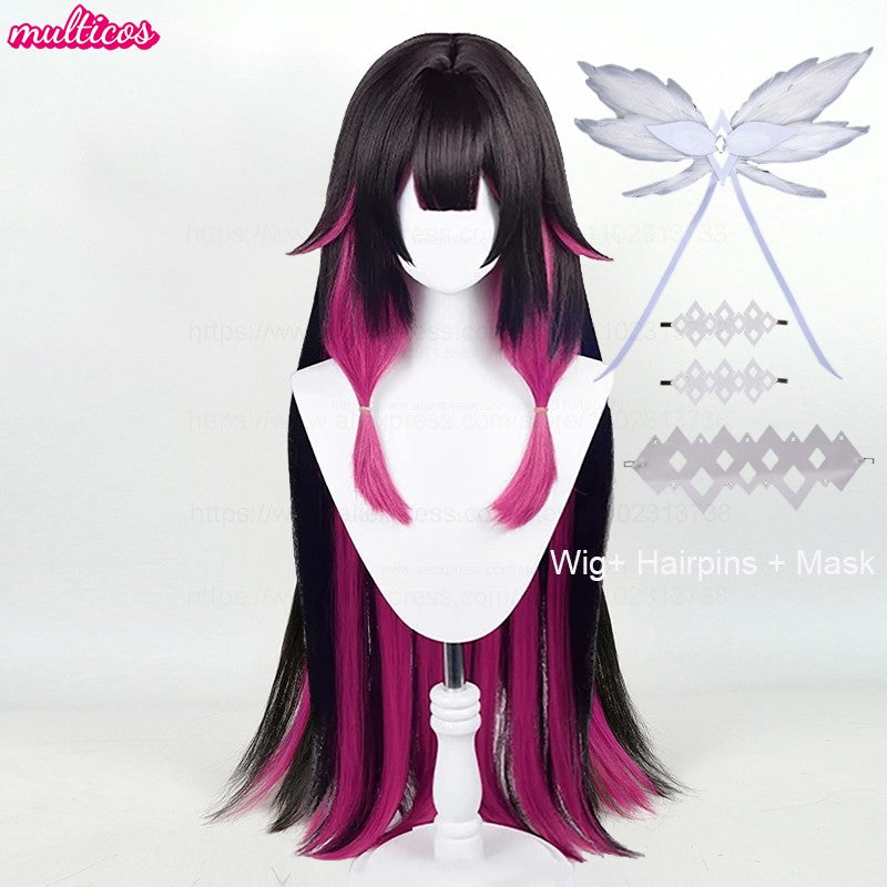 Peruca de Cosplay Columbina de Alta Qualidade 105cm Longa Lisa Preta Rosa Cabelo Sintético Resistente ao Calor Anime Fatui Cosplay Perucas + Touca de Peruca