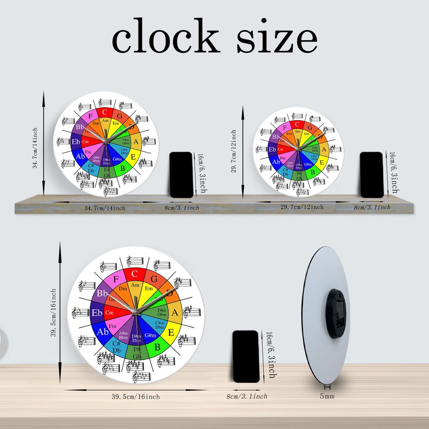 Personalized Music Five-Circle Music Theory Pattern Tempered Glass Wall Clock Living Room Bedroom Kitchen Home Decoration Wall Clock Silent Quartz Clock Holiday Gift 12 Inches 14 Inches 16inch (Without Batteries)