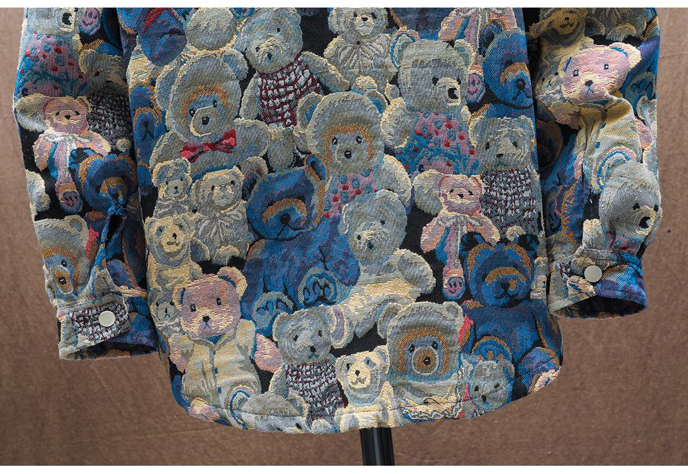 Men Teddy Bear 3/4 Sleeve Jacket Fashion Animal Pattern Coat Jacquard Woven Top Outerwear