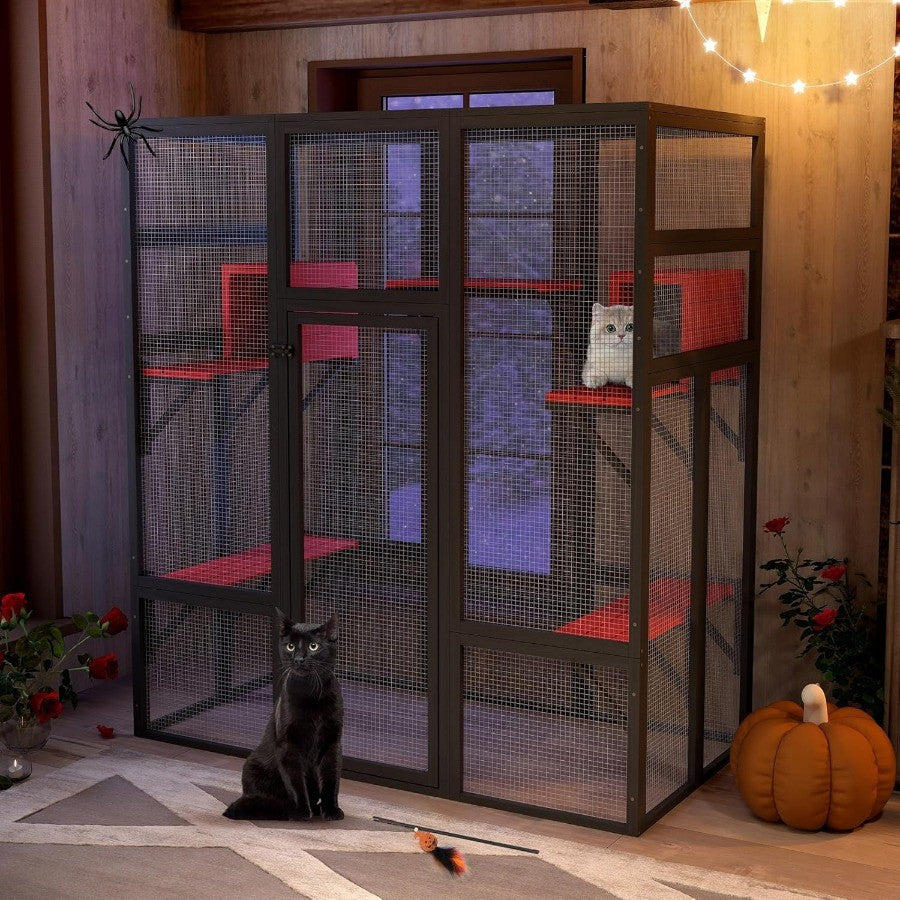 Gaiola Externa Grande de Madeira para Gatos com 180cm, Poleiros e Condomínios, Casa para Gatos Interna com Teto Impermeável, Abrigo para Gatos com Recurso