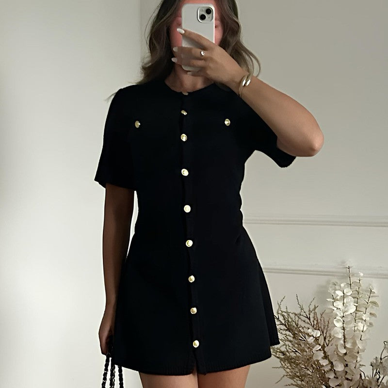 White Elegant Knitted Mini Dress For Women Metal Button Sexy Slim Rib Sweater Dr