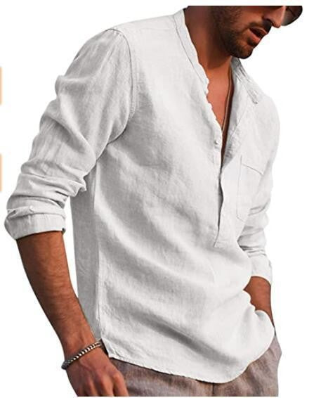 2025 Summer Hot Selling Men's Linen V-neck Long Sleeved Shirt Breathable Casual Beachwear, Business Casual Men's Clothing