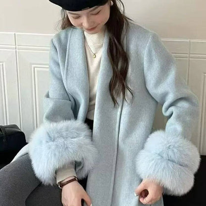 UCXQ Casaco Feminino Elegante OL para Escritório com Retalhos de Pelo Manga Comprida Lã Jaqueta de Roupa Feminina Bonita Outono Inverno 2025